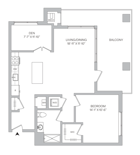 Floor plan for 1 bed, 1 bath, 985 sqft